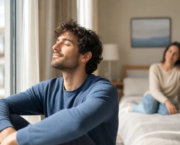 Hombre adulto respira con calma junto a una ventana mientras su pareja permanece al fondo