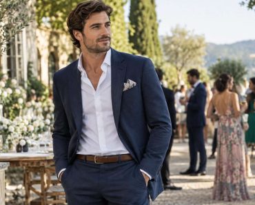 Invitado con traje azul marino y camisa sin corbata en una celebración al aire libre.